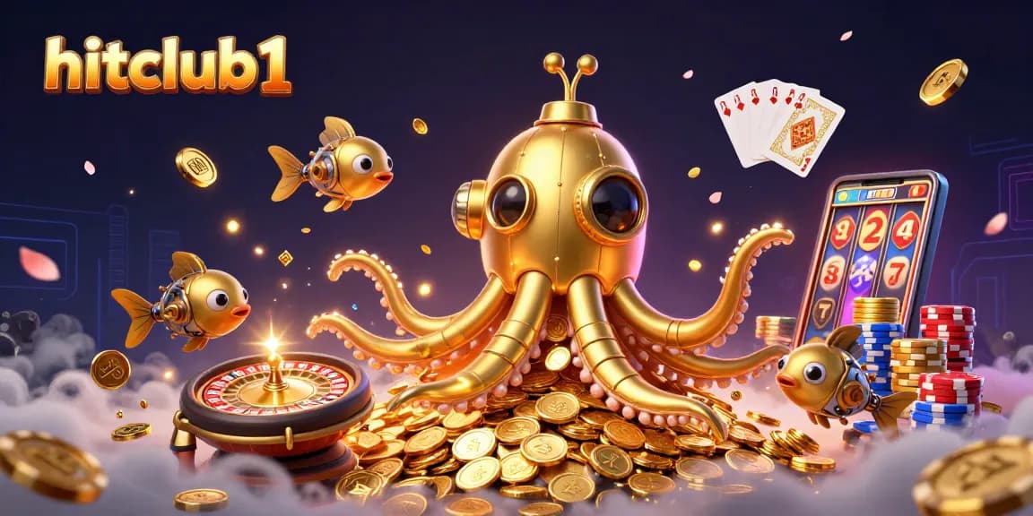 Hitclub1 offers thrilling gambling with a golden kraken submarine and cascading coins in vibrant 3D.