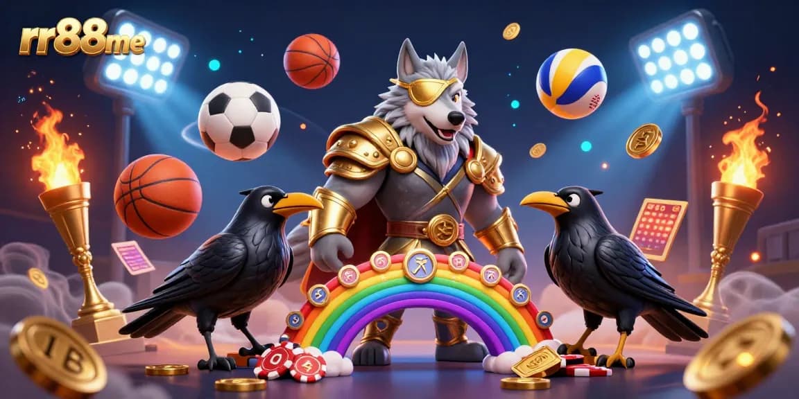 Bet on exhilarating rewards at rr88me with a vibrant scene of a golden-armored Odin wolf and sport elements.