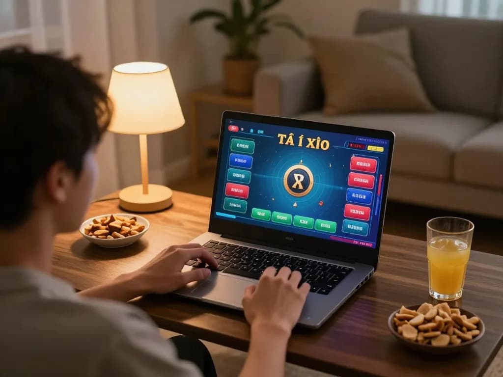 Tài xỉu online gaming in a cozy living room, player engaged with strategy notes.