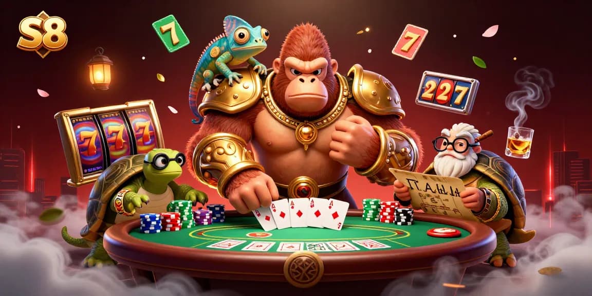S8 showcases an epic battle scene in a casino setting with a gorilla king and vibrant slot reels.