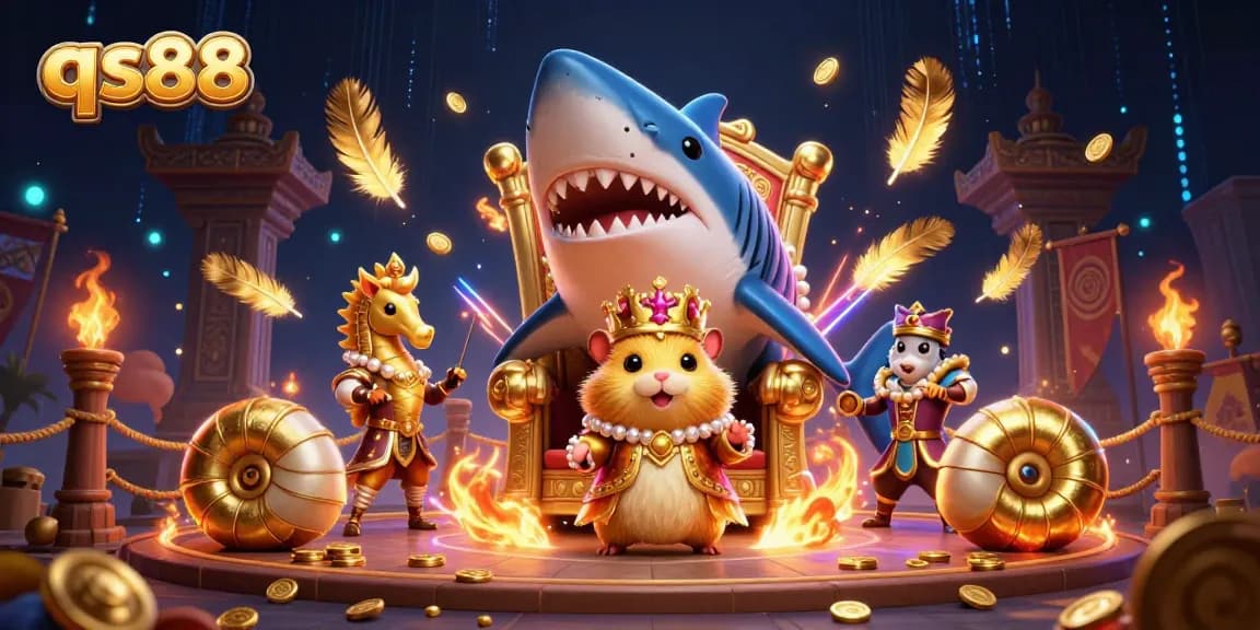 Engage with qs88 in a vibrant 3D gambling scene featuring a hamster king and royal seahorses.
