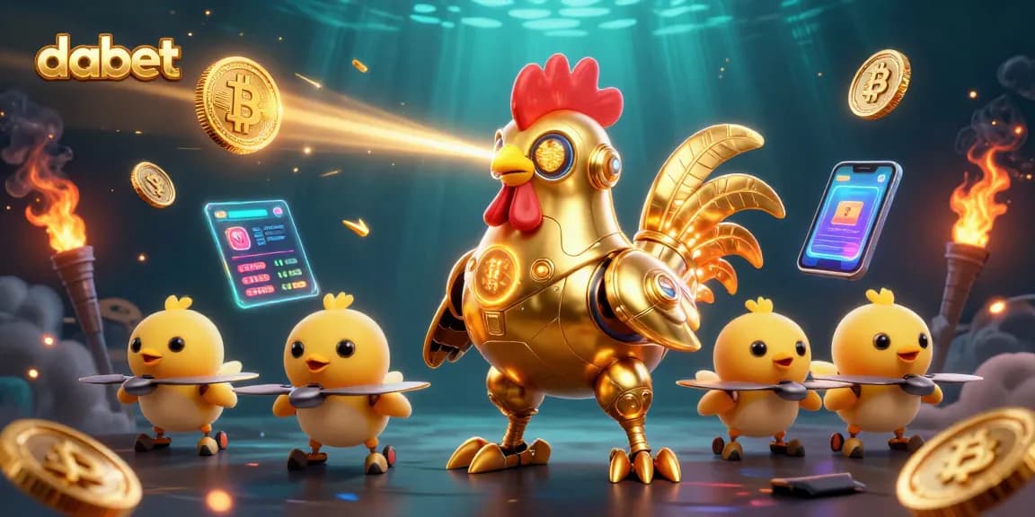 Engage with dabet's golden futuristic rooster robot leading a fun world of crypto coins and gaming excitement.