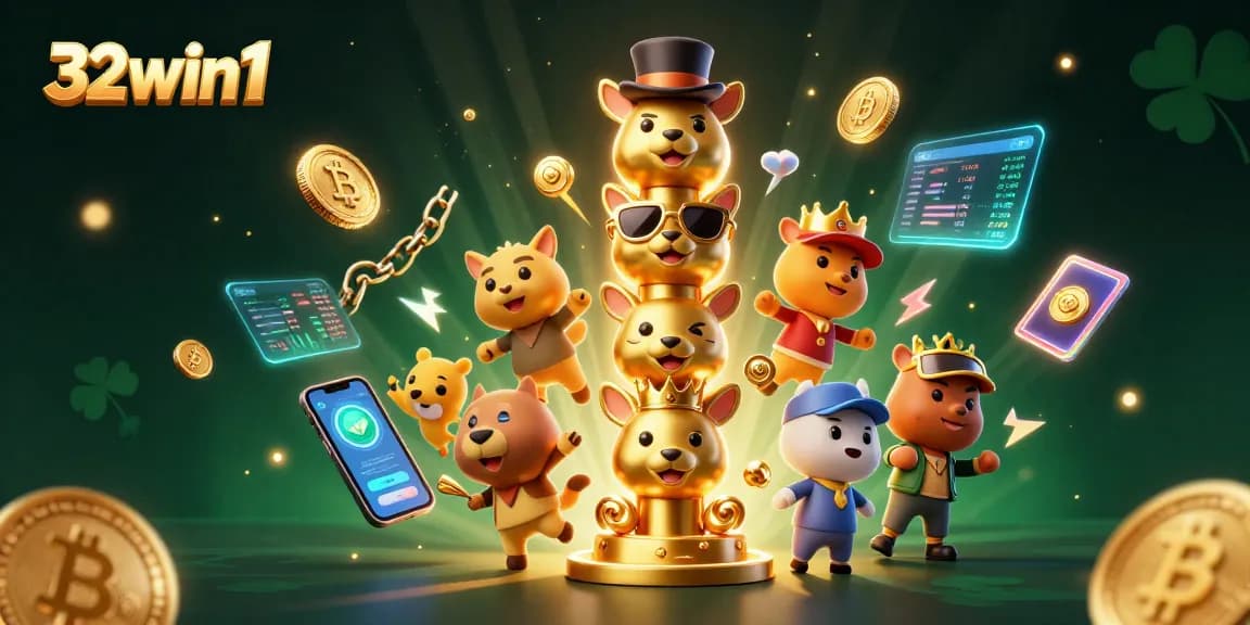 Engage with 32win1 at our vibrant casino scene featuring a golden totem and glowing crypto elements.