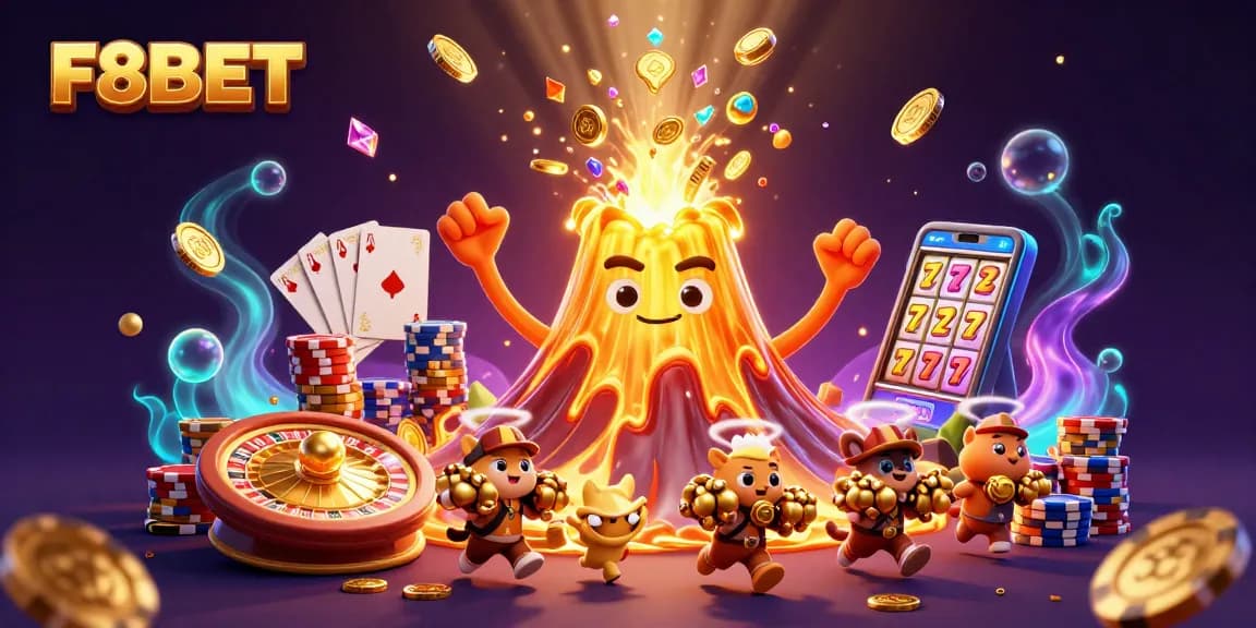 Experience thrilling wins at F8BET with golden volcano treasures and exciting casino games in an enchanting scene.