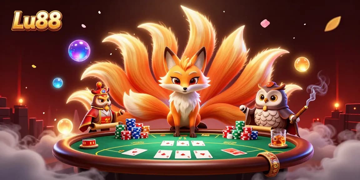 Action-packed scene showcasing Lu88 with vibrant characters and dynamic poker elements, capturing the excitement of gaming.