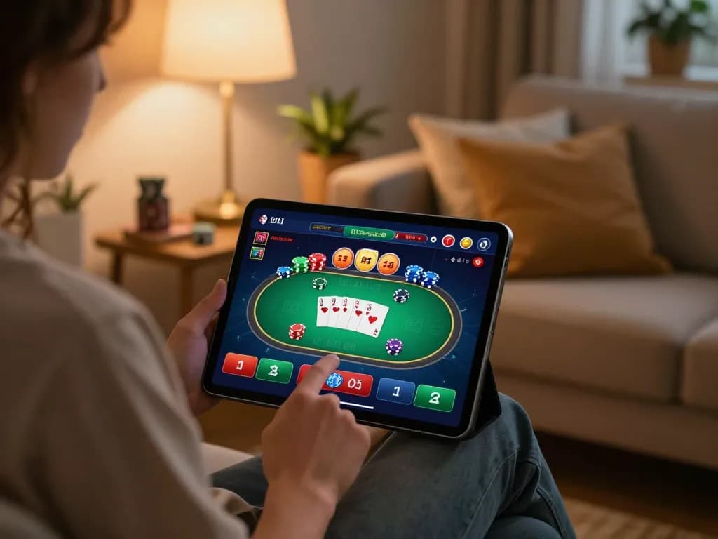 Engaging with MM88 online casino app on tablet at home, showcasing immersive gameplay.