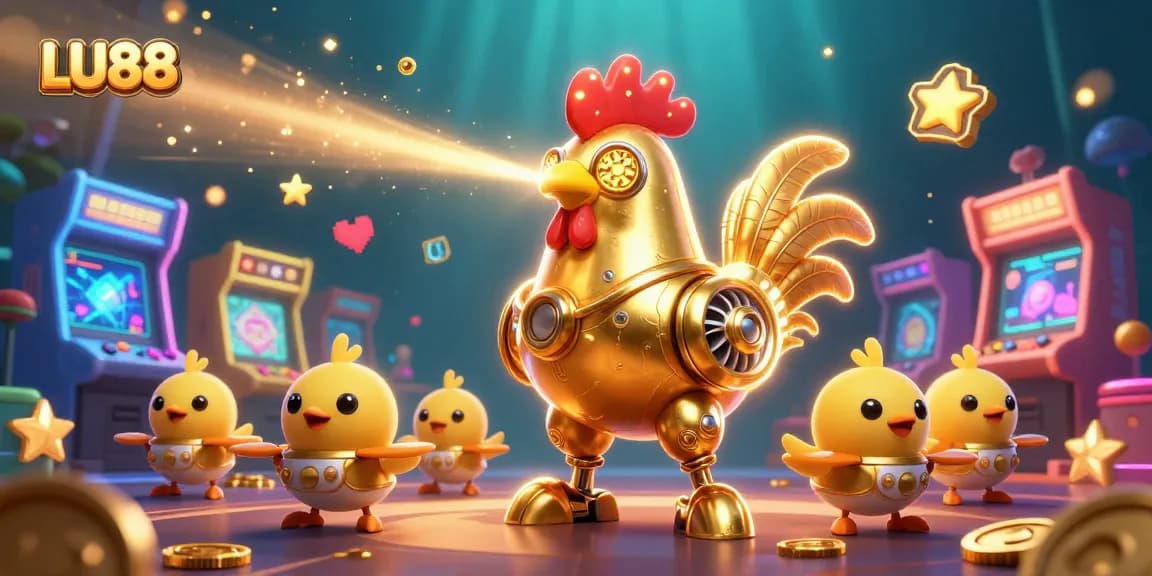 LU88 casino experience with a golden rooster robot and baby chick drones in a vibrant atmosphere.