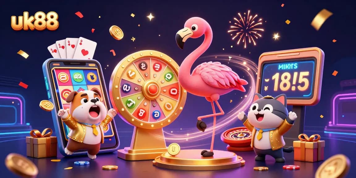 Engage in exciting gameplay at uk88 with vibrant 3D illustrations showcasing a cartoon game show host and buzzing prizes.