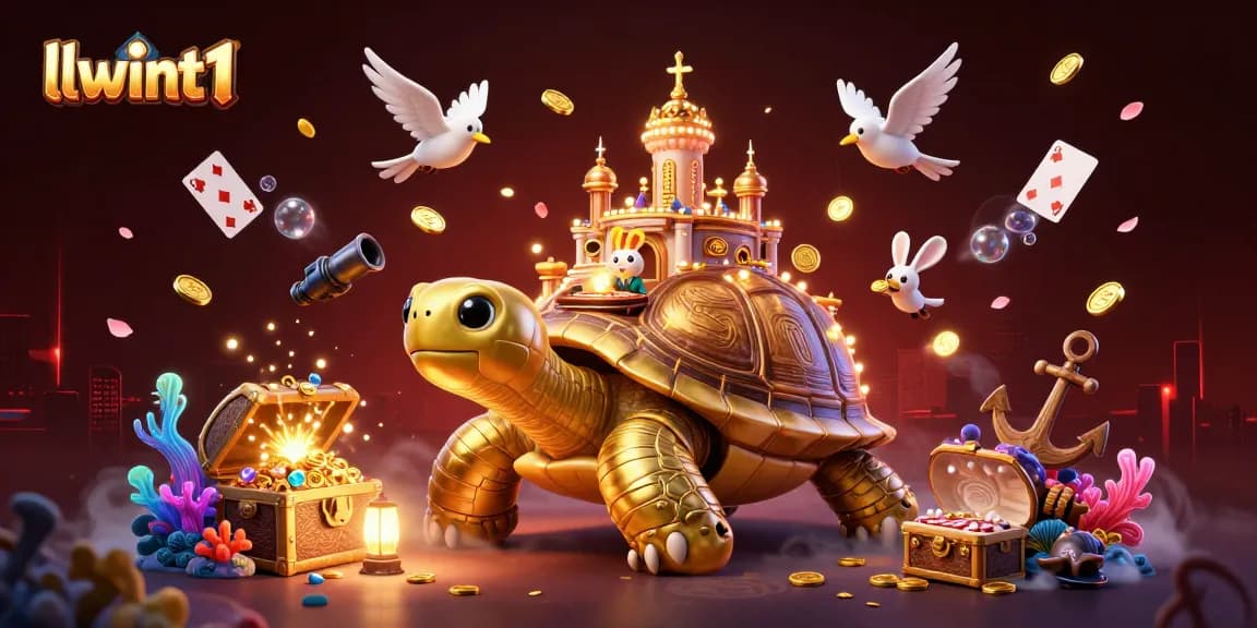 Experience thrilling gaming at llwint1 with a golden tortoise casino, vibrant colors, and dynamic characters.