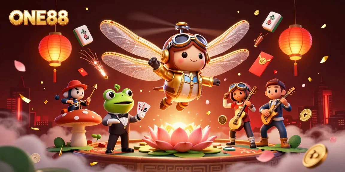 Engage in thrilling games at ONE88, where a dragonfly pilot greets you amidst a vibrant casino scene.