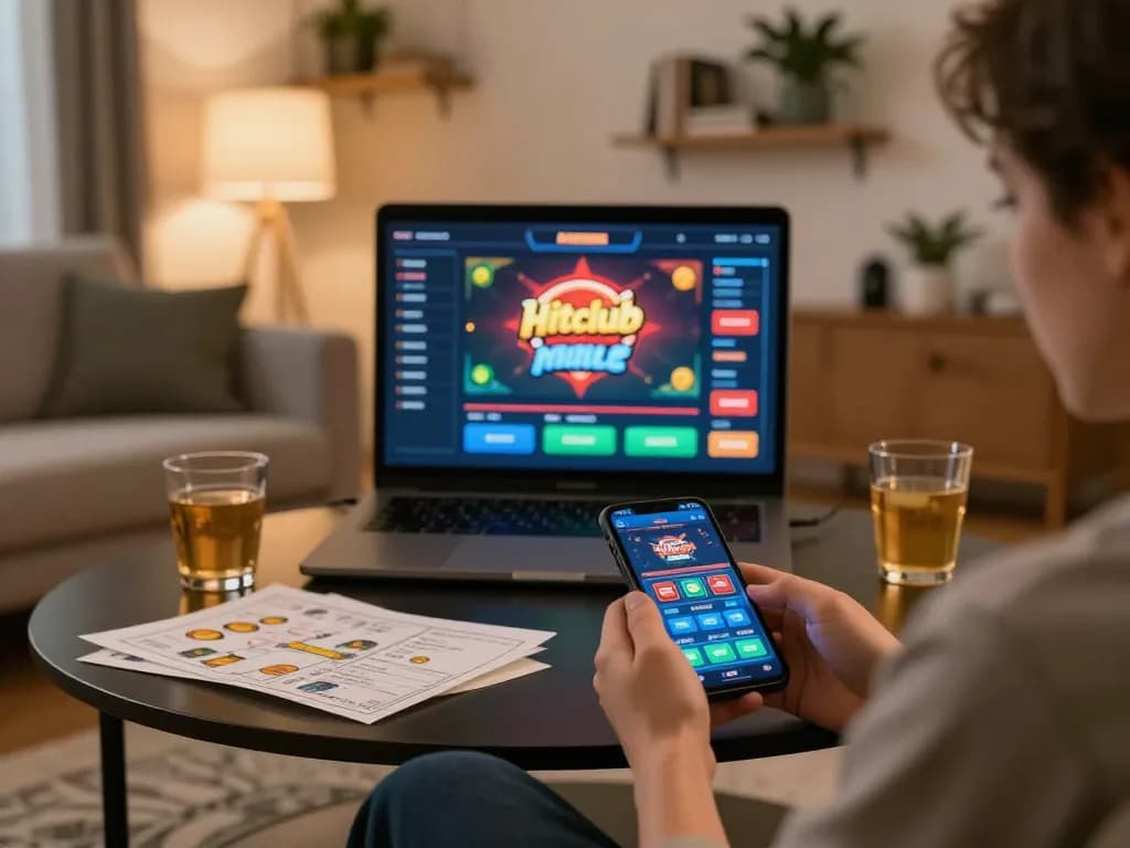 Engaging in Hitclub casino gaming on a smartphone with strategic notes at hand