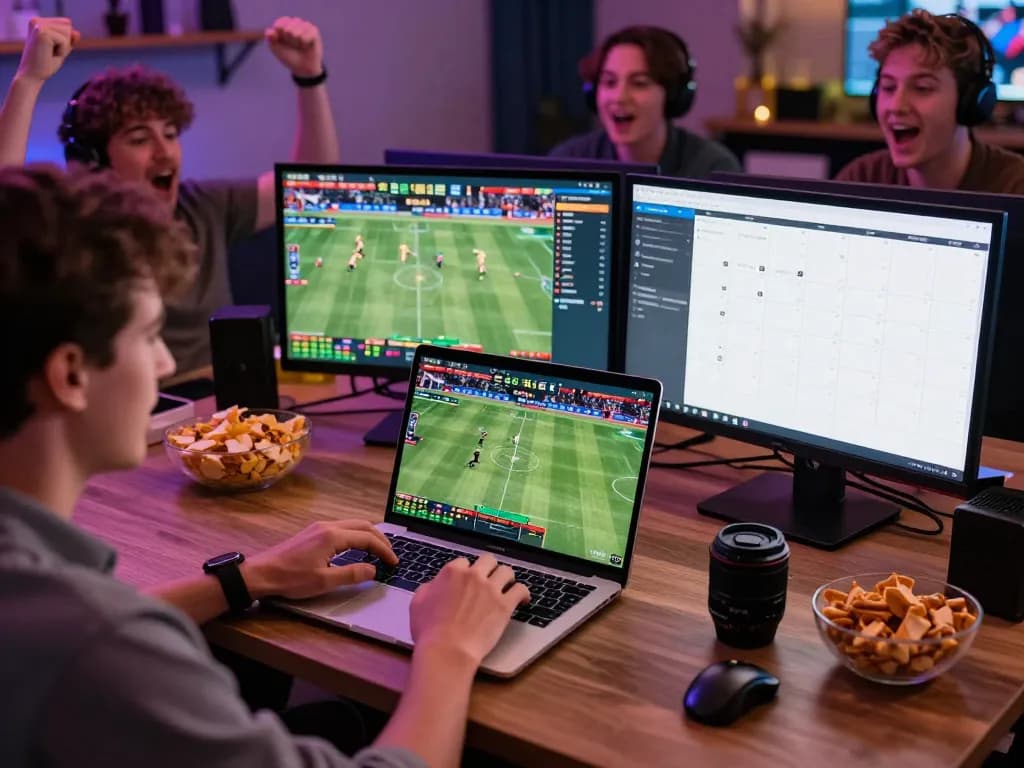 Engaging online sports betting scene at https://www.mnm88.com/ with a person using multiple screens to track live events and odds.