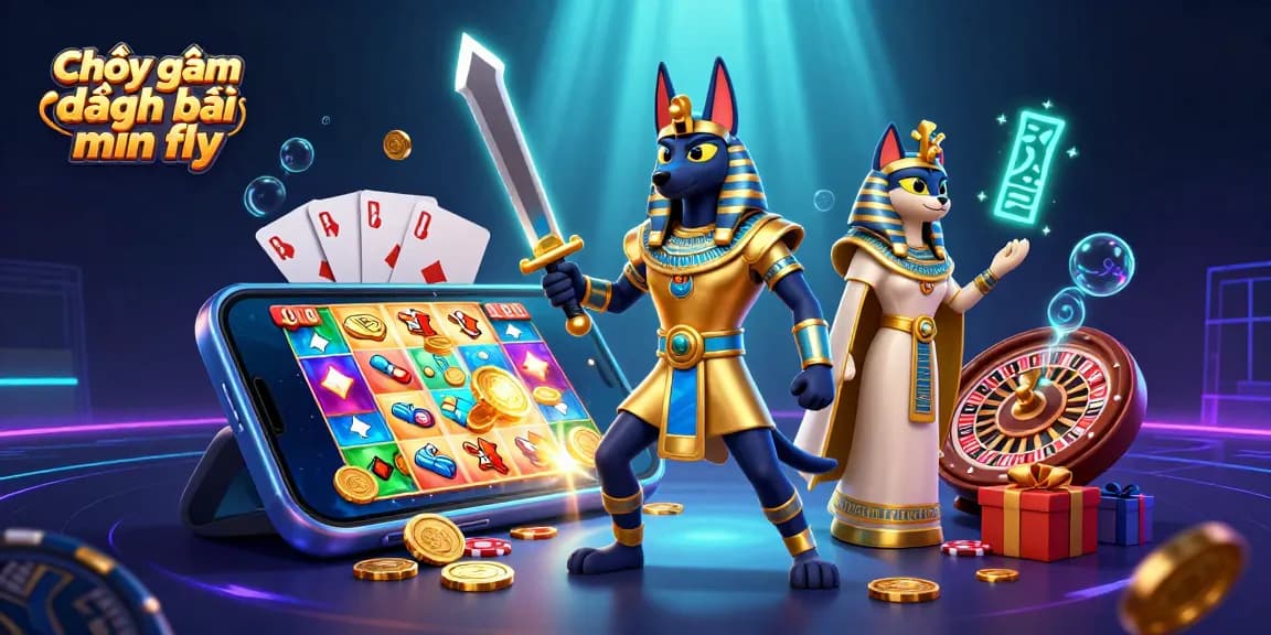 Play exciting Chơi game đánh bài miễn phí with ancient Egyptian themed characters and slot game elements.