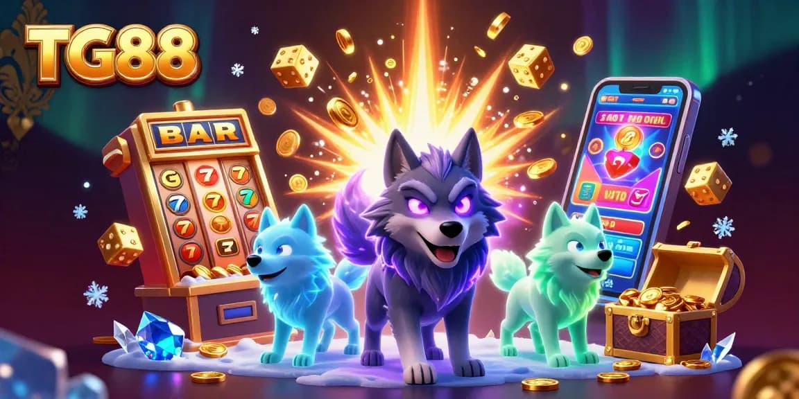 Experience the excitement of TG88 with a vibrant 3D casino scene showcasing slot machines and golden rewards.