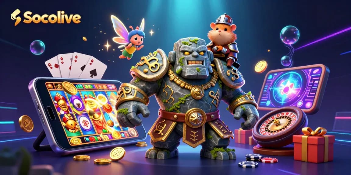 Socolive brings excitement to gambling with vibrant, animated fantasy scene showcasing slot games and dynamic characters.