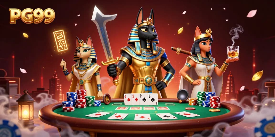 Experience the thrill of PG99 with Anubis and Bastet in an exciting poker scene.