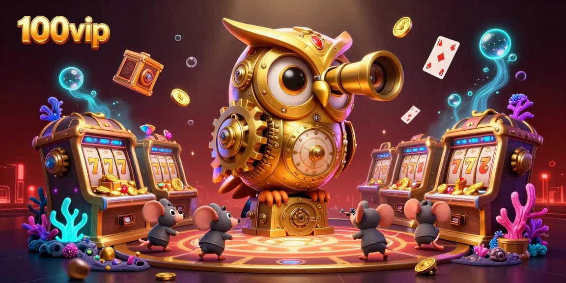 Engage with 100vip's vibrant casino world featuring a golden owl and animated gameplay elements.