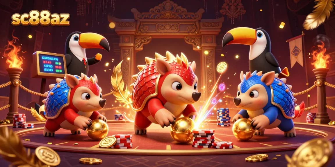 Engage in the thrilling sc88az gaming arena with cartoon pangolins competing amid golden coins and poker chips.