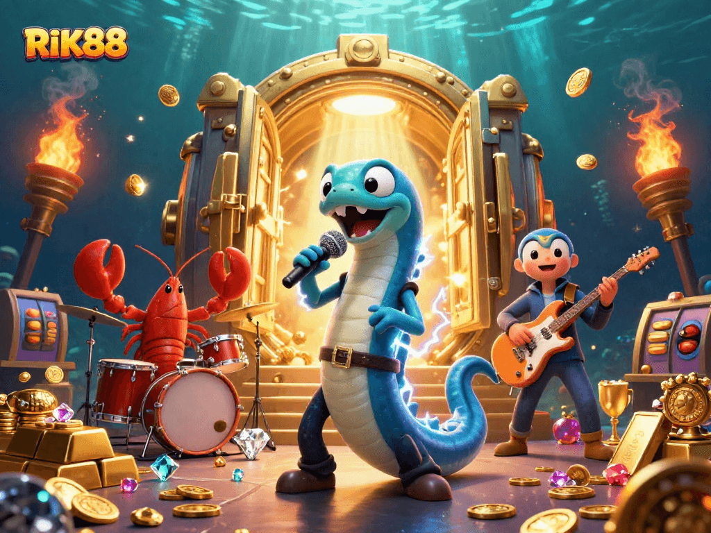 RIK88 showcases an electric eel DJ in a lively underwater casino, surrounded by gold and gems.