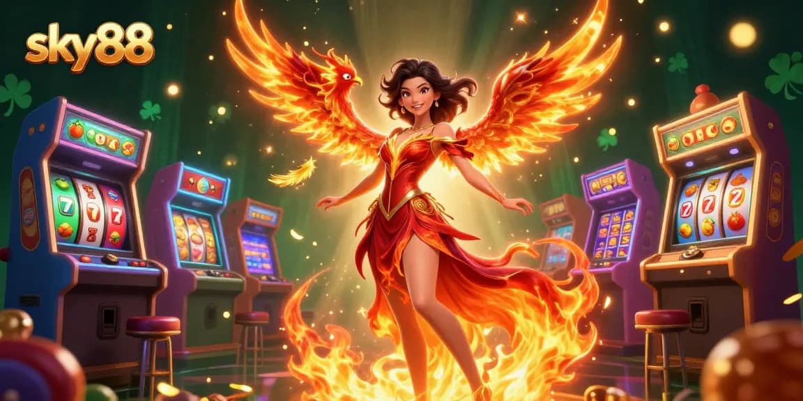 Experience the excitement of sky88 casino with a stunning illustration showcasing vibrant slot machines, 3D characters, and a fiery phoenix.