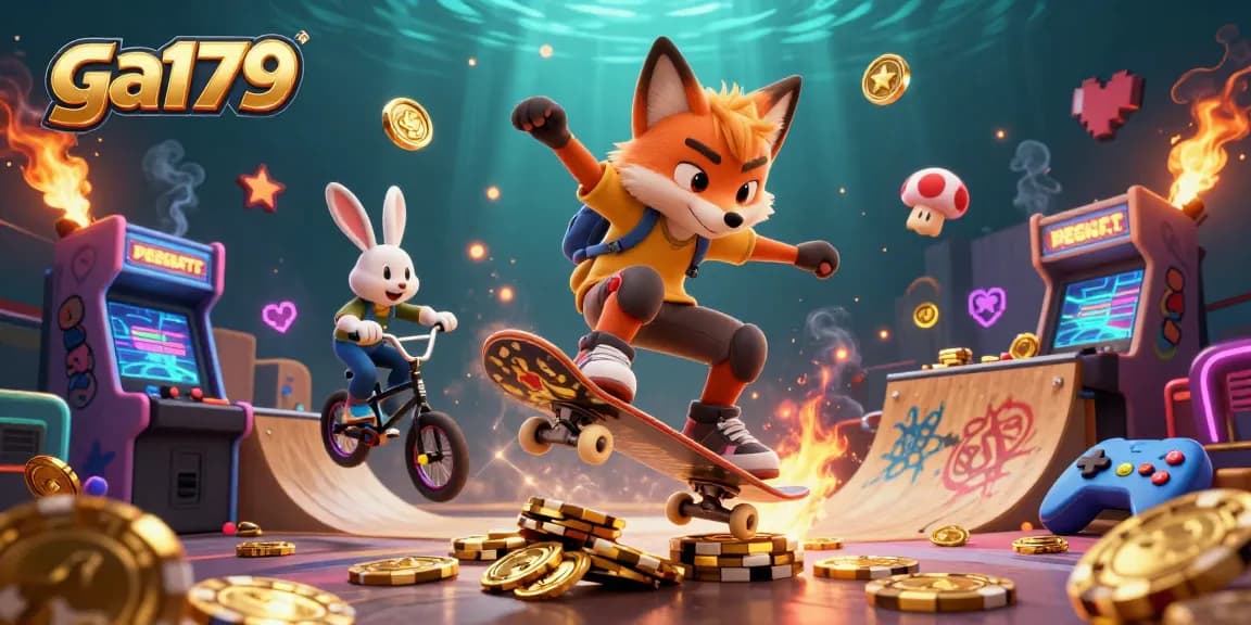 Experience thrilling gaming at ga179 with cartoon characters soaring over golden chips in a dynamic casino scene.