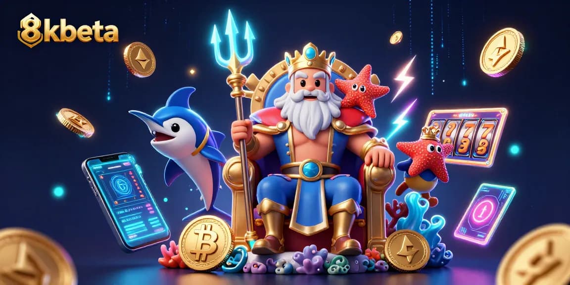 Experience the excitement of 8kbeta with Neptune surrounded by casino riches and glowing crypto elements.