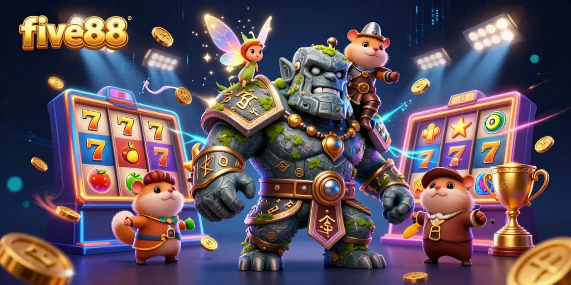 Engage with five88's dynamic slots and magical companions in this vibrant casino illustration.