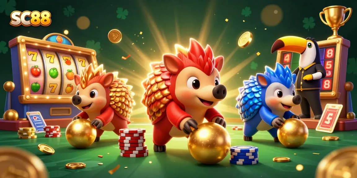 Spin the reels and win with SC88 as pangolins roll in a vibrant casino scene.
