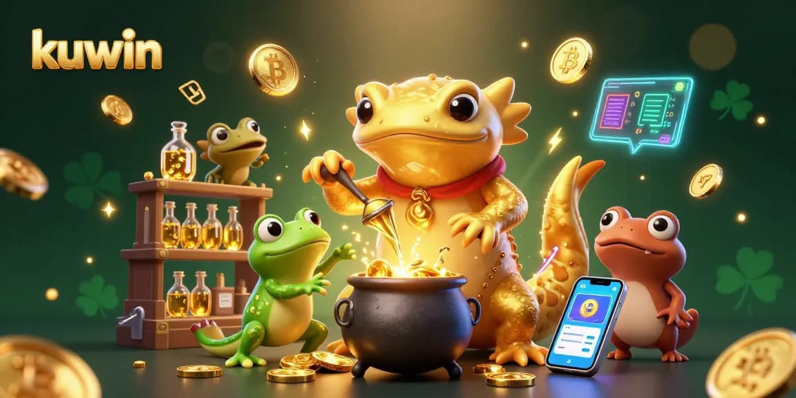 Kuwin online casino featuring gold alchemist transmuting metals into winning coins amid vibrant gaming elements.