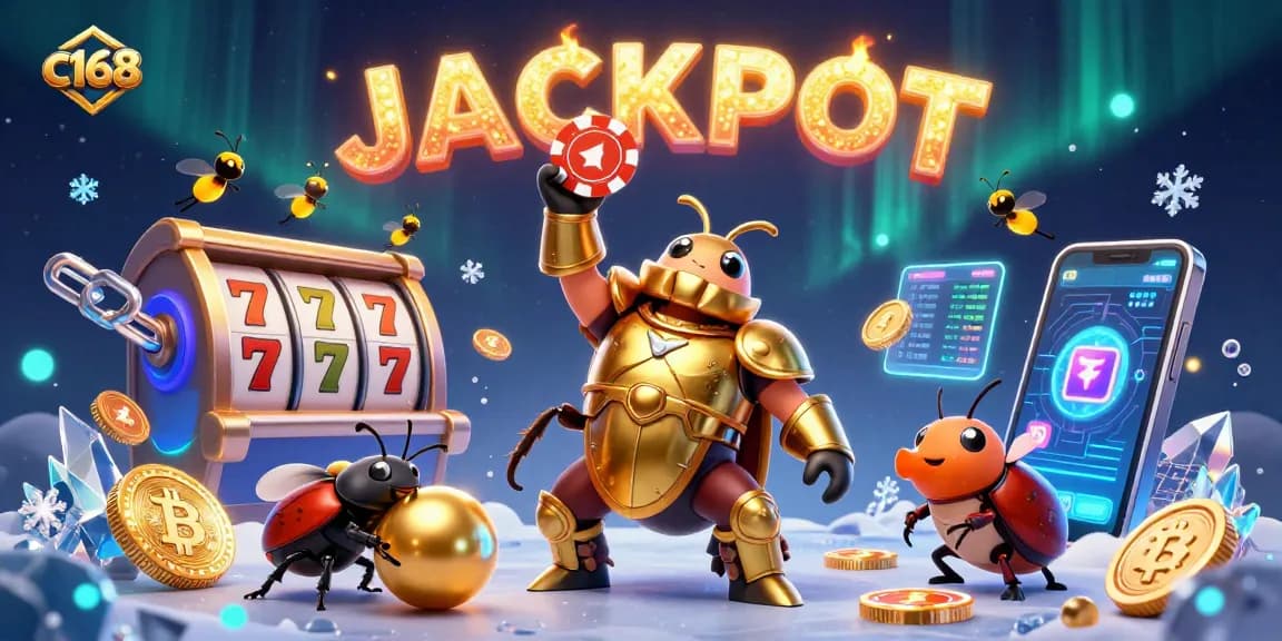 Experience thrilling wins at c168 with a heroic beetle lifting a poker chip amidst dazzling casino elements.