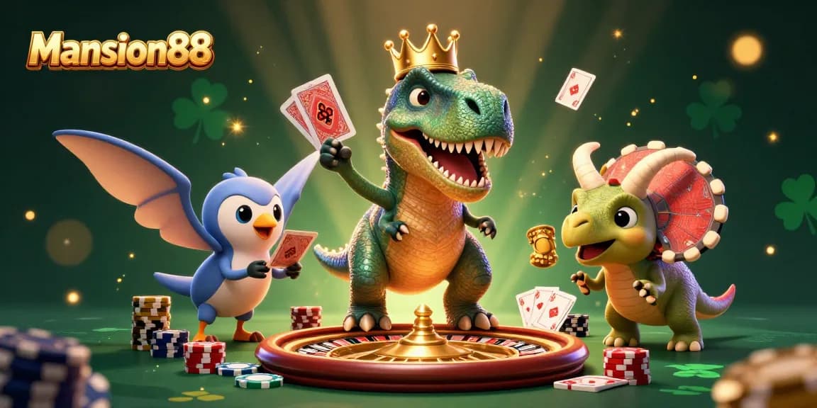 Experience thrilling games at Mansion88 with a friendly T-Rex shuffling cards and a baby triceratops stacking chips in a vibrant casino scene.