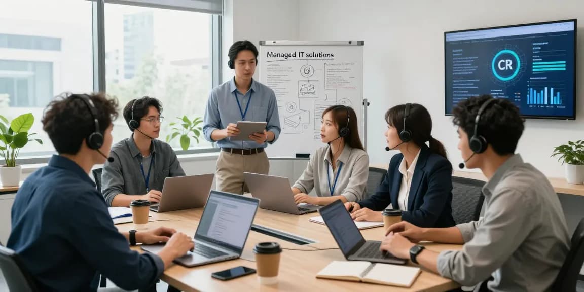 IT support team discussing MSP Markham solutions in a modern office.