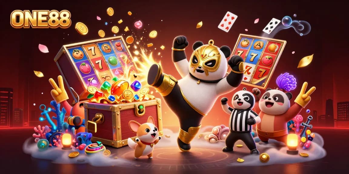 Engage with the excitement of ONE88 in this animated casino scene capturing thrilling slot machine action.