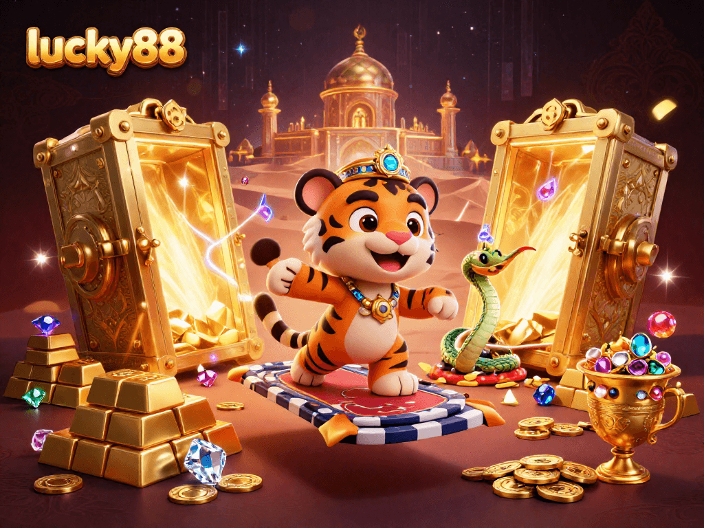 Spin the reels at lucky88 with a vibrant illustration blending a magical tiger sultan and treasures of the casino.