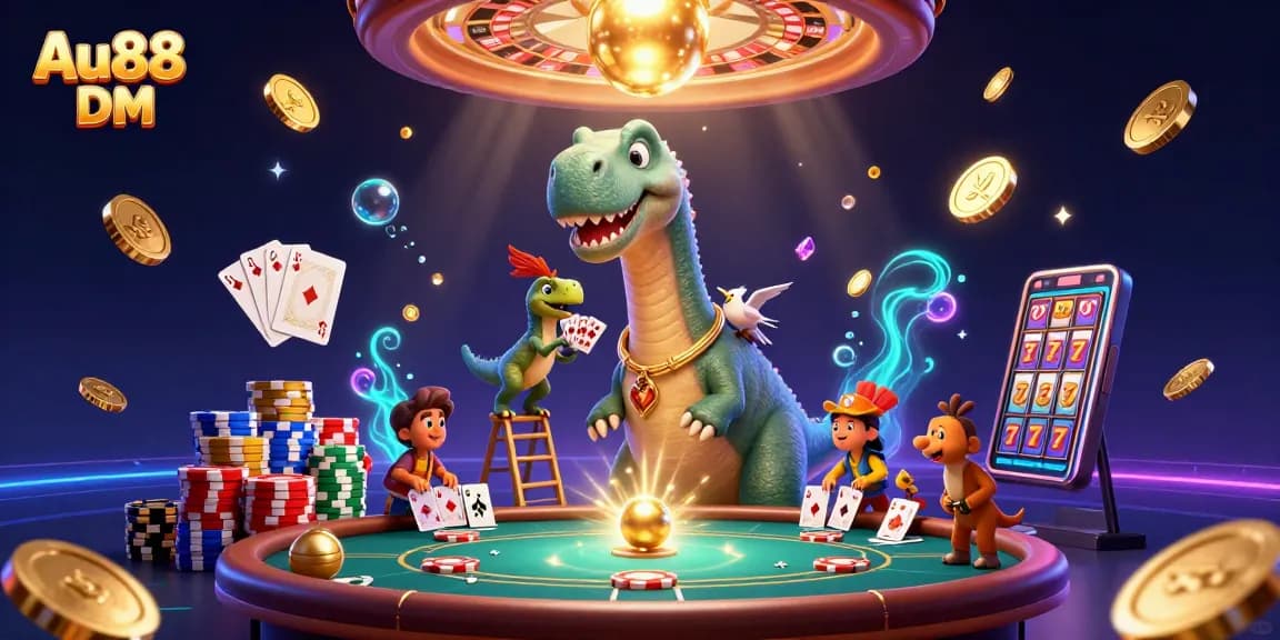 Experience the thrill of gaming at Au88 DM with a vibrant casino scene illustrated in 3D.