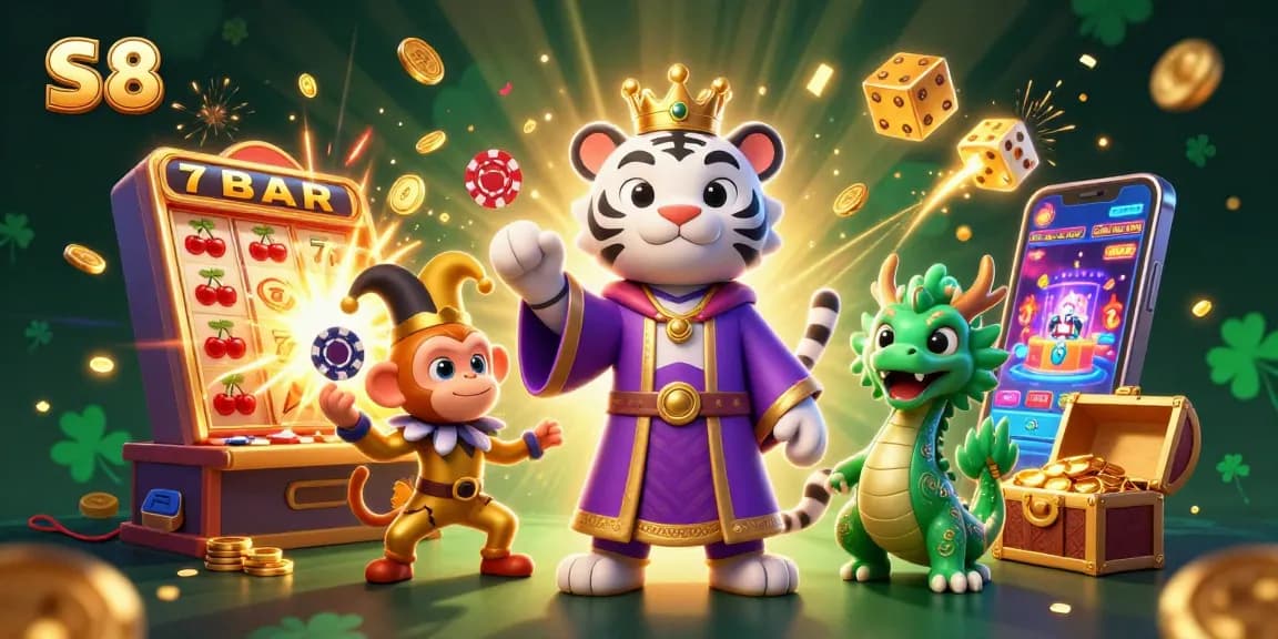 S 8 dynamic casino illustration showcasing a white tiger, monkey, and dragon amidst jackpot excitement.
