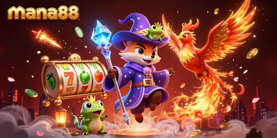 Win big at mana88 with mystical characters and vibrant casino elements in a captivating 3D illustration.