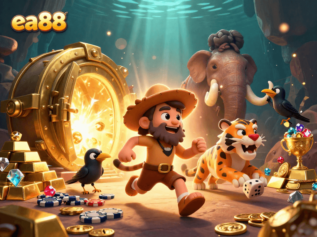 Experience the excitement of ancient gambling with ea88's dynamic casino scene featuring vibrant characters and treasures.