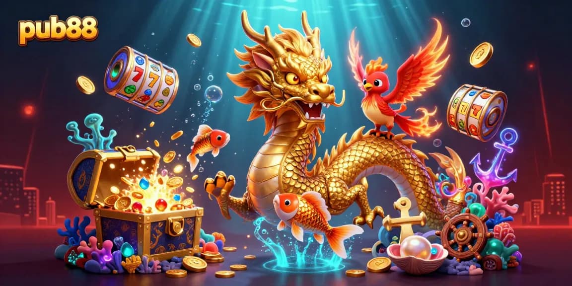 Experience the thrill of pub88 with a vibrant dragon, phoenix, and koi fish amid exciting slot elements.