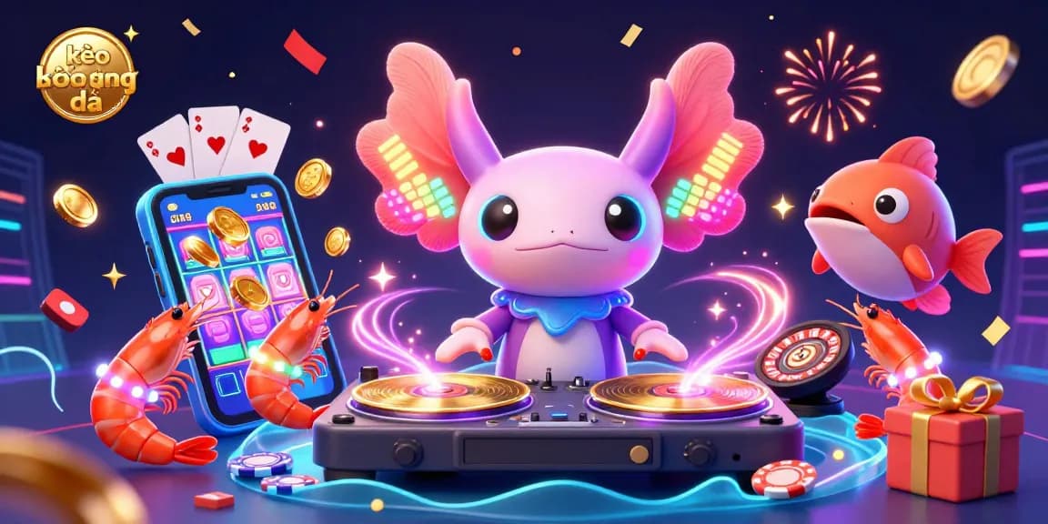 Engage in kèo bóng đá action with a colorful casino illustration featuring a neon axolotl DJ and vibrant gambling elements.