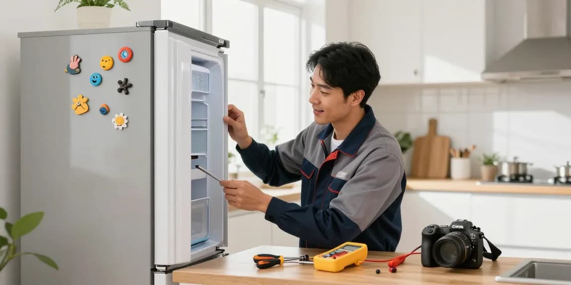 Appliance Repair in North York, technician fixing a refrigerator in a sunny kitchen.