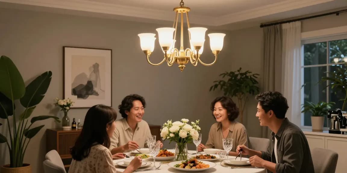 Candelabru living elegant în dining room cu familie la masă