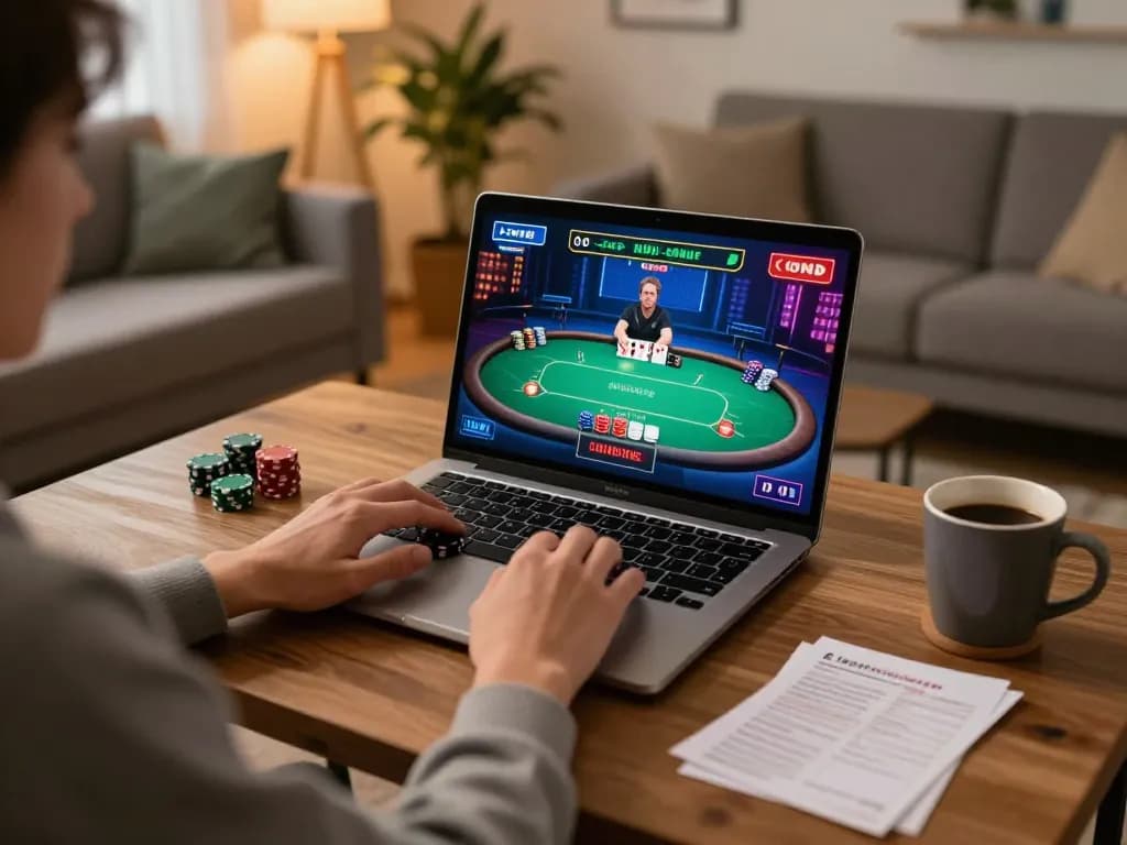 A player enjoying strategic online poker gaming at home, representing responsible gambling with 79sodoe.