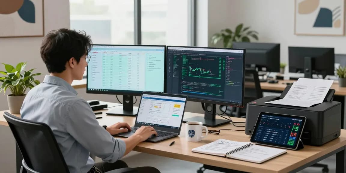 Innovative workspace featuring debet.com on monitors displaying financial analytics and coding activities.