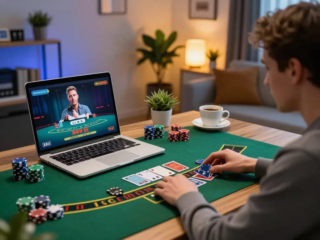 Engaging in Đăng ký Rik88 through an online blackjack game on a laptop in a cozy home office.