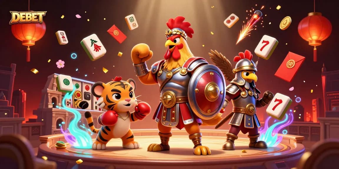 Engage with DEBET's thrilling casino scene featuring a gladiator rooster, gambling symbols, and vibrant visuals