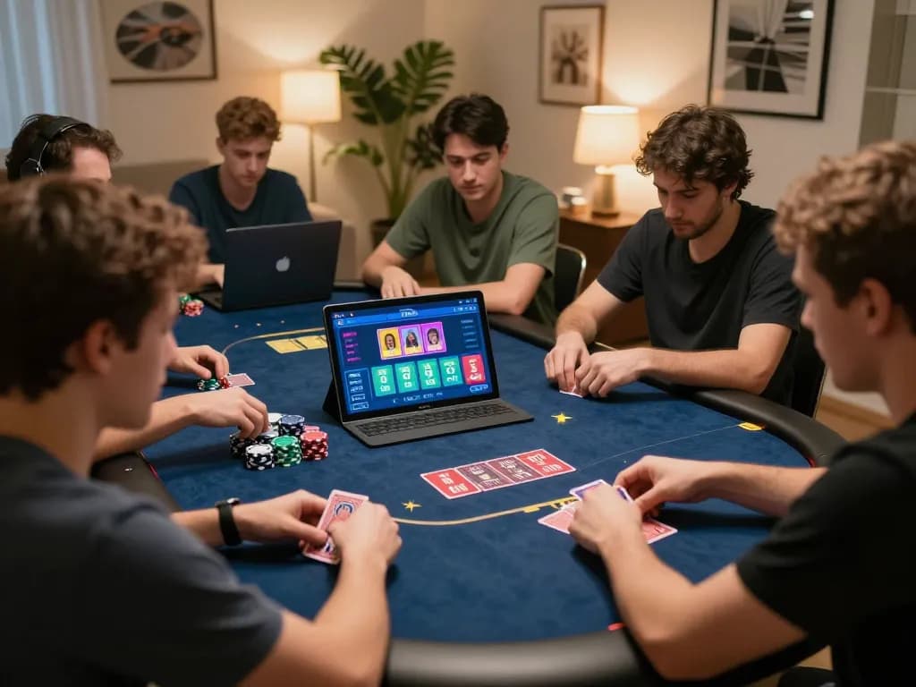 Players engaging in online poker with sc88 strategies in a vibrant home setting, capturing the essence of responsible gaming.