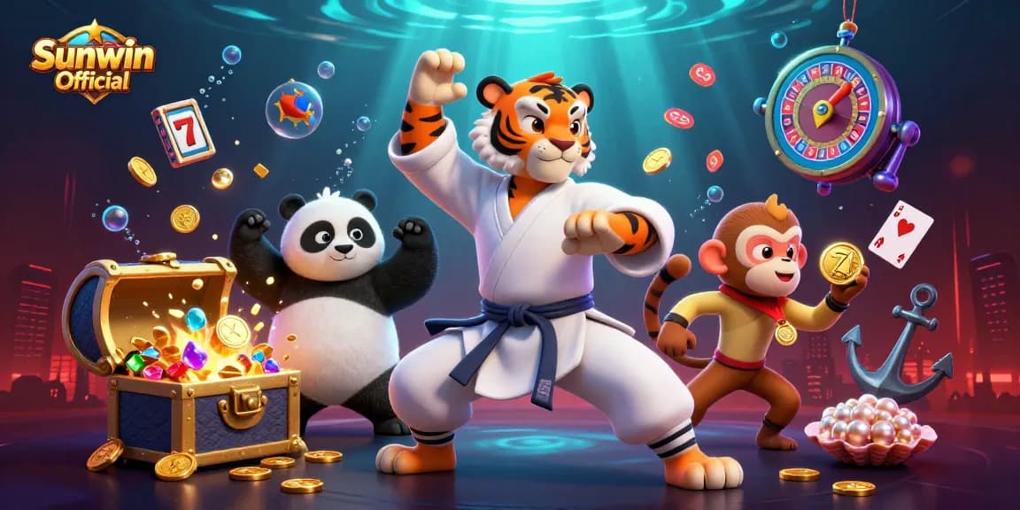Engage with Sunwin Official in a vibrant casino scene filled with dynamic gaming elements and colorful details.
