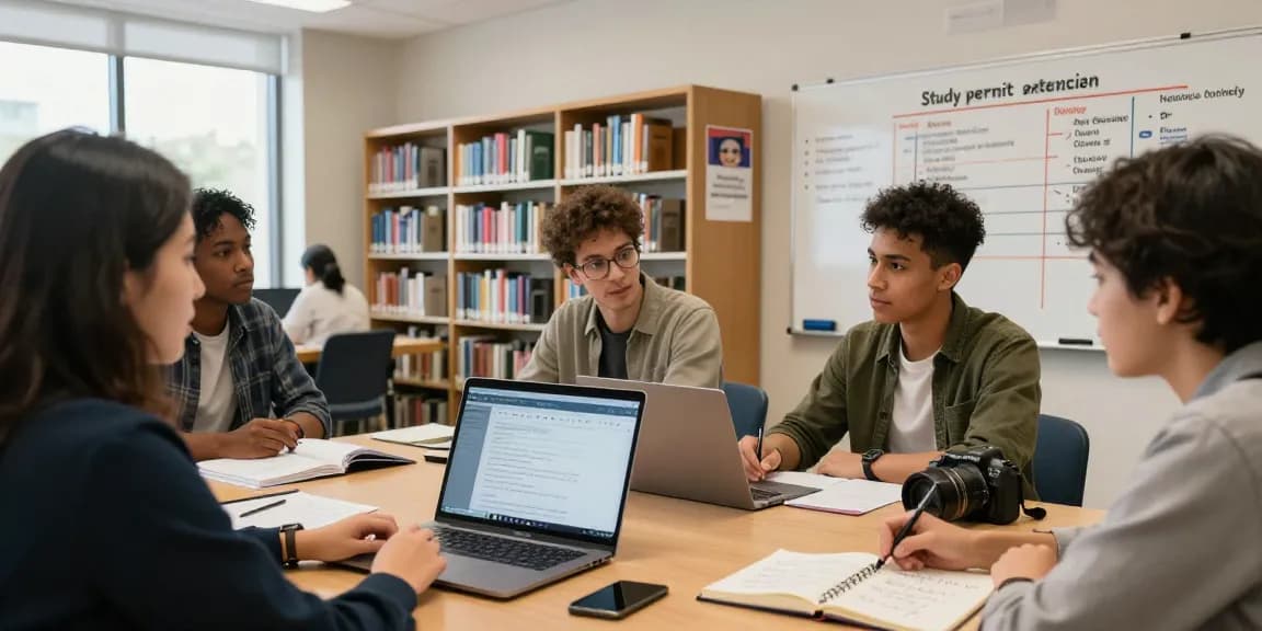 Group of international students studying study permit extension Canada together at a library, focused and collaborative.