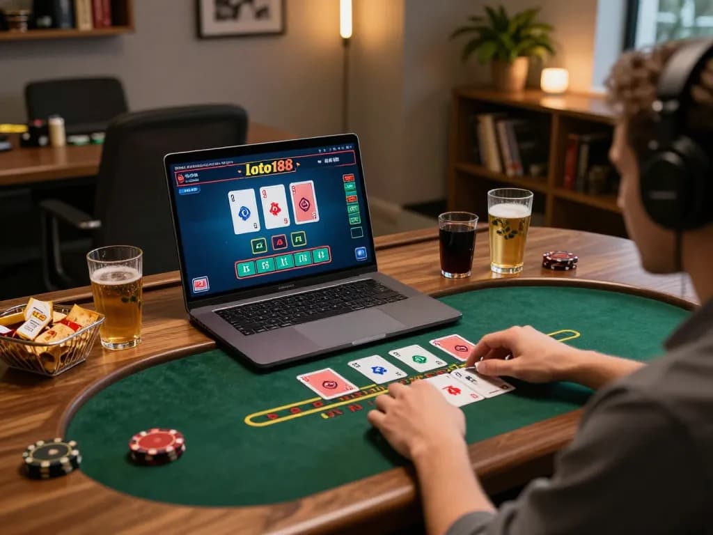 Engaging in loto188 online blackjack gameplay on a cozy home setup, highlighting strategic betting.